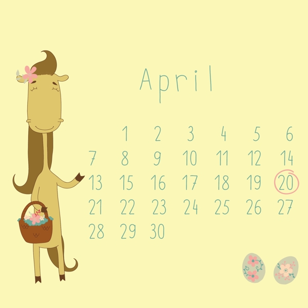 可爱的卡通四月月历设计矢量