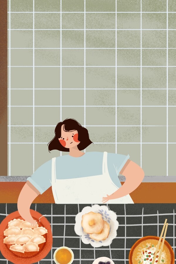 美食做饭少女家居插画海报