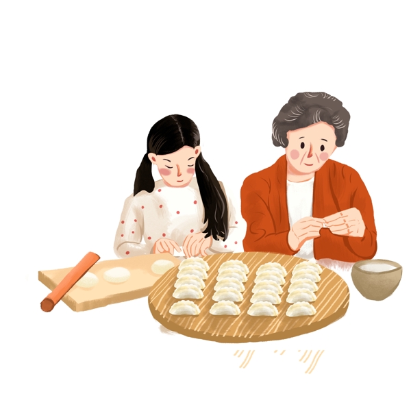 手绘过年包饺子的祖孙俩