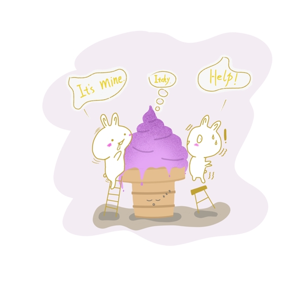 创意卡通可爱两只兔子吃冰激凌装饰元素