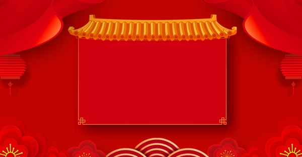 年货节中国风花朵古建筑banner海报