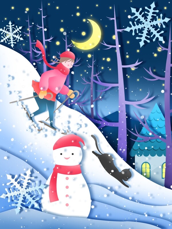 滑雪场景剪纸风插画滑雪的小朋友和小猫
