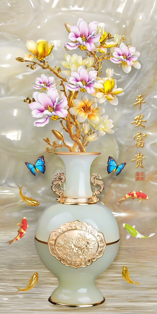 中式花瓶玄关九鱼图背景