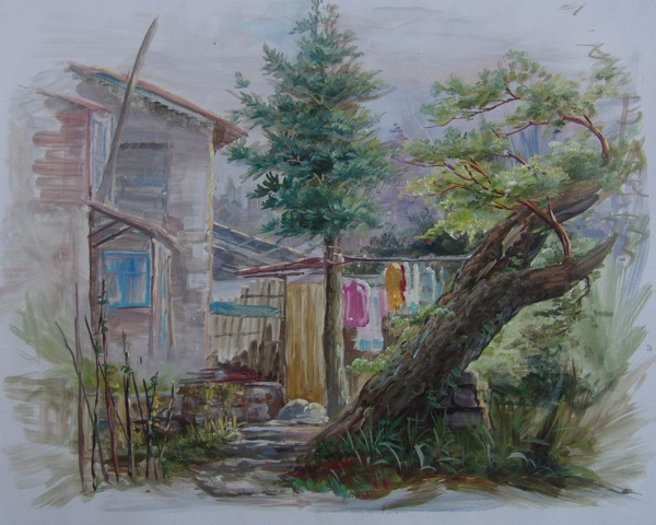 房屋树木油画图片
