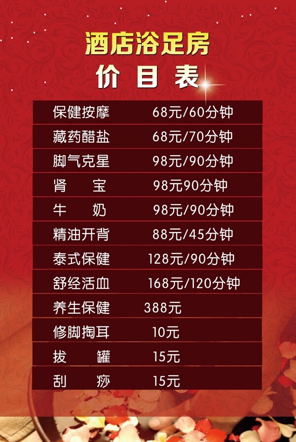 浴足房價(jià)目表圖片