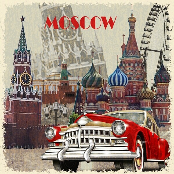 俄罗斯建筑和老爷车插画