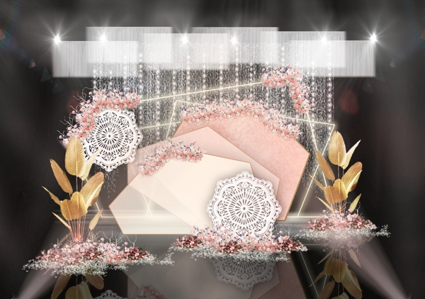 粉色异材质几何背景镂空雕花创意婚礼效果图