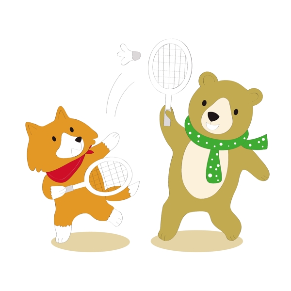 打网球的狐狸和小熊矢量素材