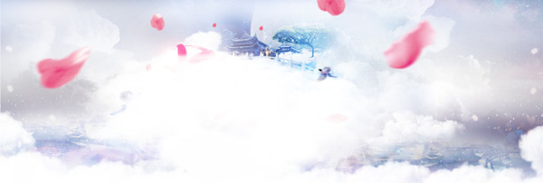唯美粉色花瓣白云banner背景