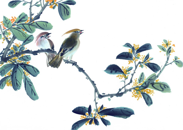 动物油墨画小鸟喜鹊花丛中华艺术绘画
