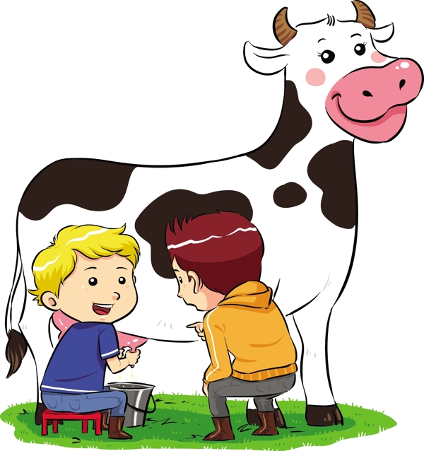 卡通外国小男孩挤牛奶