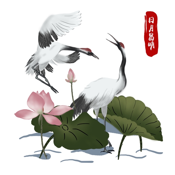 手绘简约中国风戏水的仙鹤可商用元素