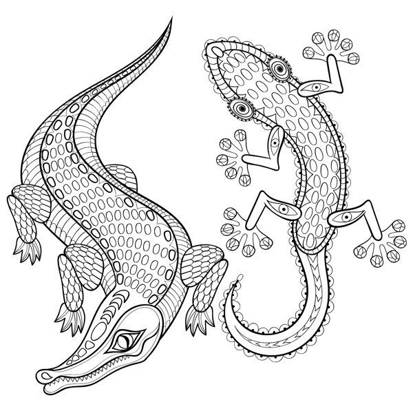 黑白手绘艺术鳄鱼和壁虎插画