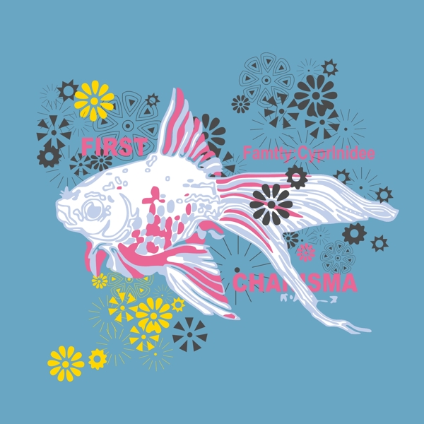 印花矢量圖T恤圖案海洋動(dòng)物金魚植物免費(fèi)素材