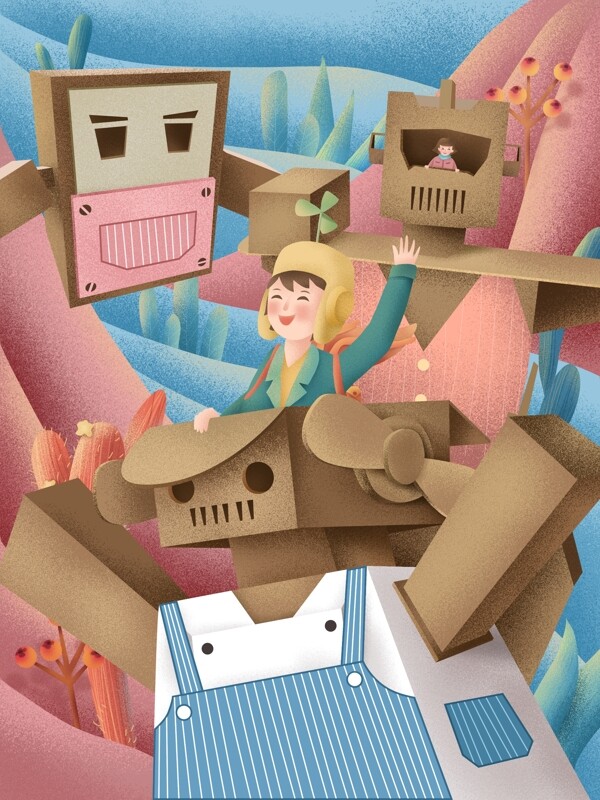 原创手绘插画童年幻想之纸箱机器人