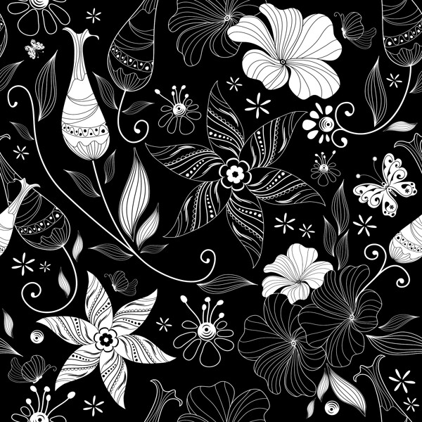 在黑色和白色的花卉图案和漩涡