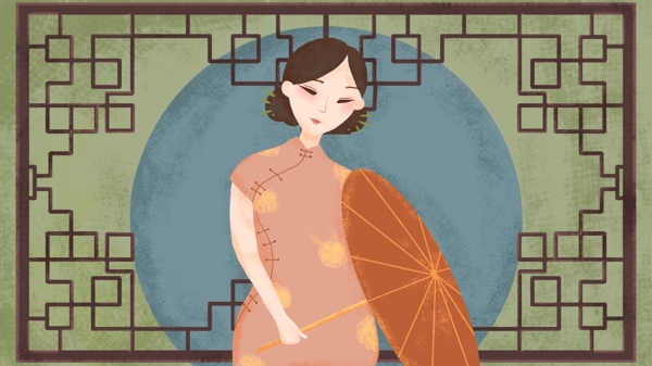 简约大气中国风复古肌理优雅旗袍女人插画