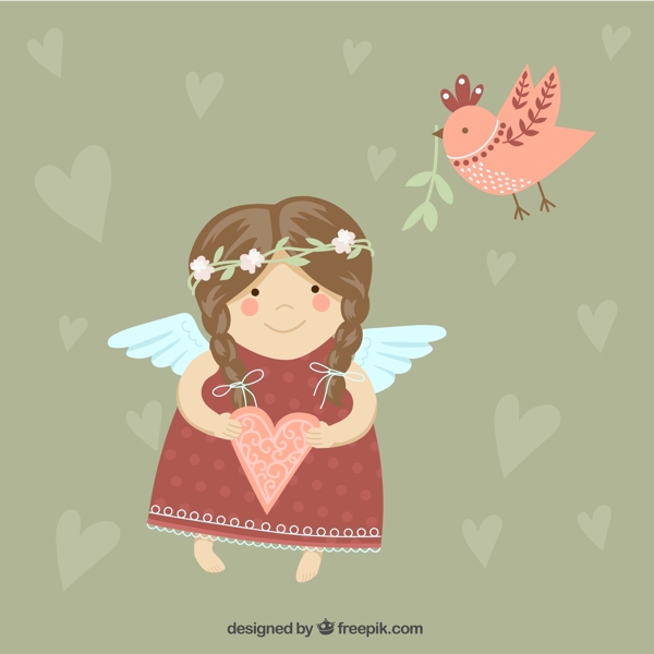 可爱天使女孩和小鸟矢量素材