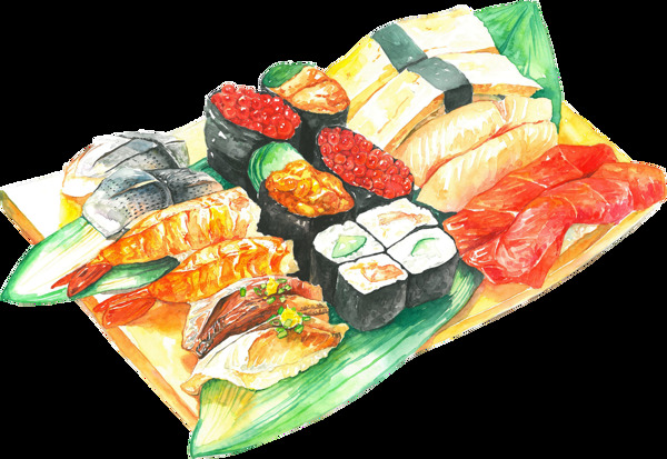 清新手绘橙色寿司料理美食装饰元素