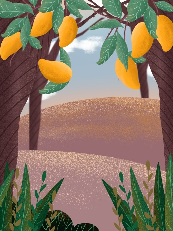 卡通手绘芒果树插画背景