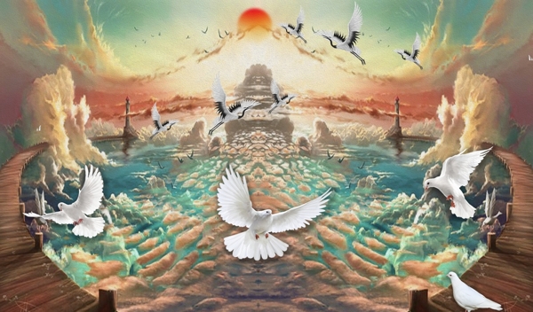 油畫海景飛鶴玄關(guān)屏風(fēng)背景底紋素
