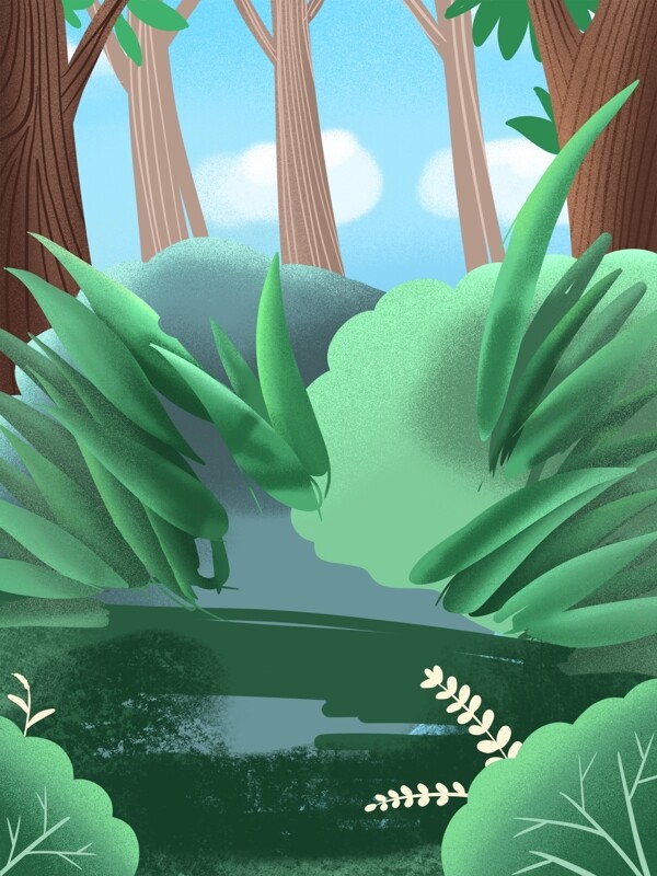 夏季手绘绿色树林背景设计