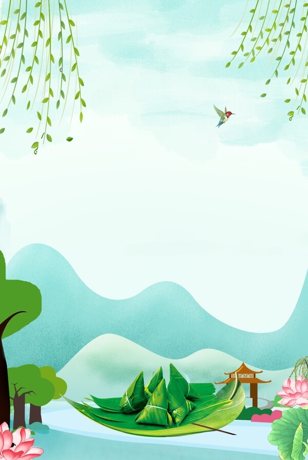 端午节绿色手绘远山粽子柳条背景