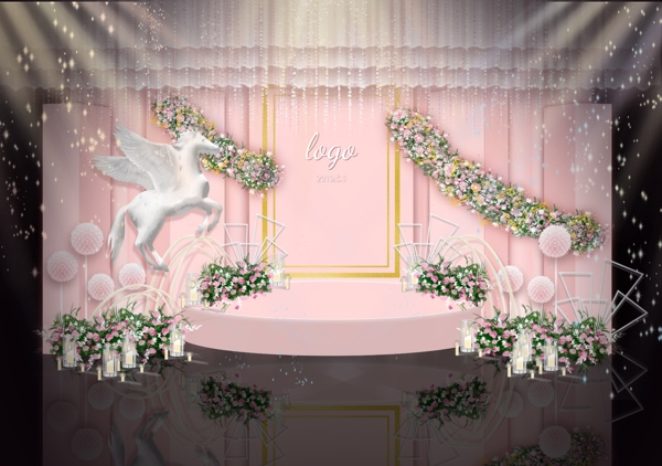 粉色婚礼背景留影区迎宾区效果图