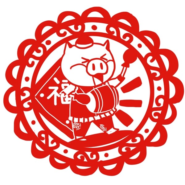 剪紙豬手繪卡通人物PNG素材