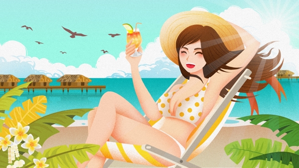 清新夏日度假海滩泳装插画