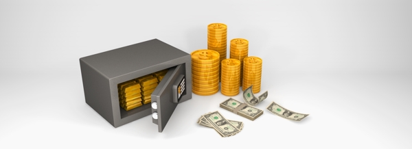 金融理财配图保险柜和金币钞票