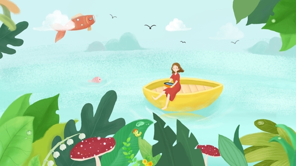 湖上泛舟的小女孩与鱼游玩森林原创插画