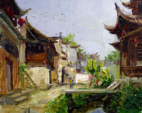 中国风格建筑油画图片