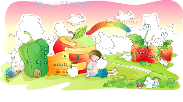 兒童線條插畫小孩游玩卡通童話韓國花紋時尚花紋底紋矢量素材矢量圖片HanMaker韓國設(shè)計素材庫