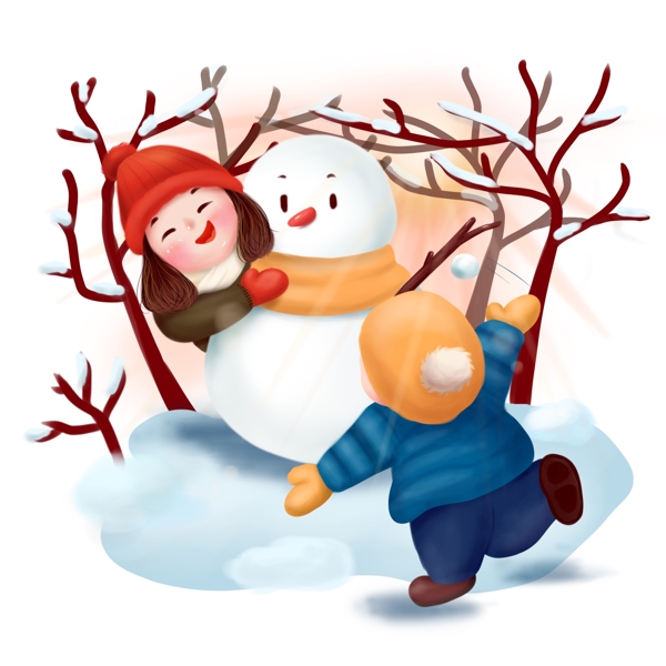 打雪仗冬天冬季儿童游戏玩耍可商用插画配图