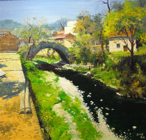 村莊與橋油畫(huà)圖片