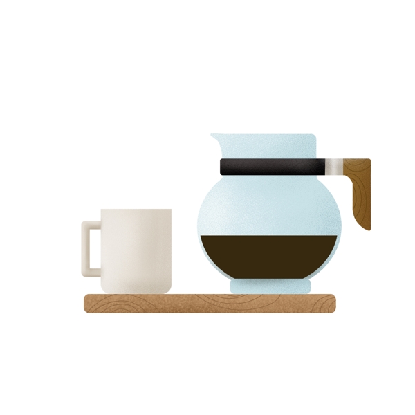 清新透明淡蓝色咖啡壶米色咖啡杯装饰图案