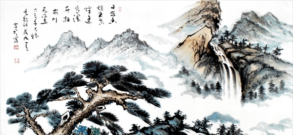 迎客松山國畫圖片