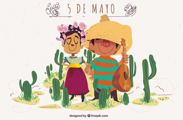 CincodeMayo的背景与可爱的墨西哥夫妇和仙人掌