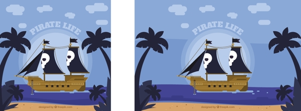 蓝色调海盗船沙滩椰树剪影平面设计背景
