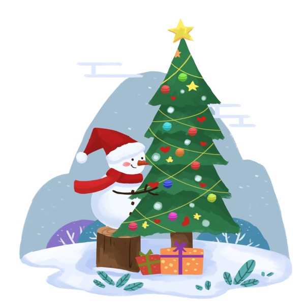 圣诞蓝色手绘元素插画雪人圣诞树PNG