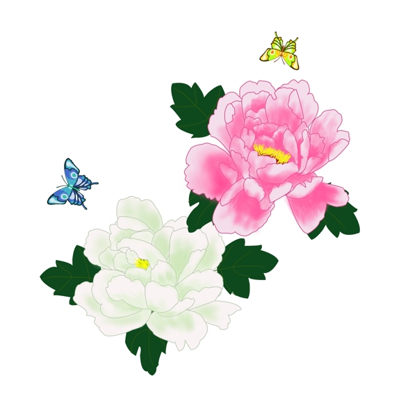 手绘牡丹花蝴蝶植物花卉花朵元素