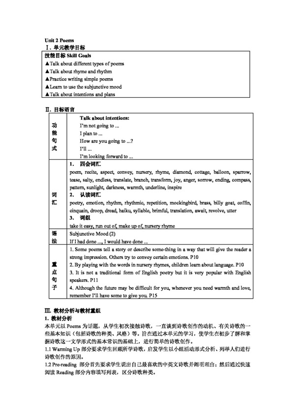 英語人教版高中英語Modle6Unit2Poems教案