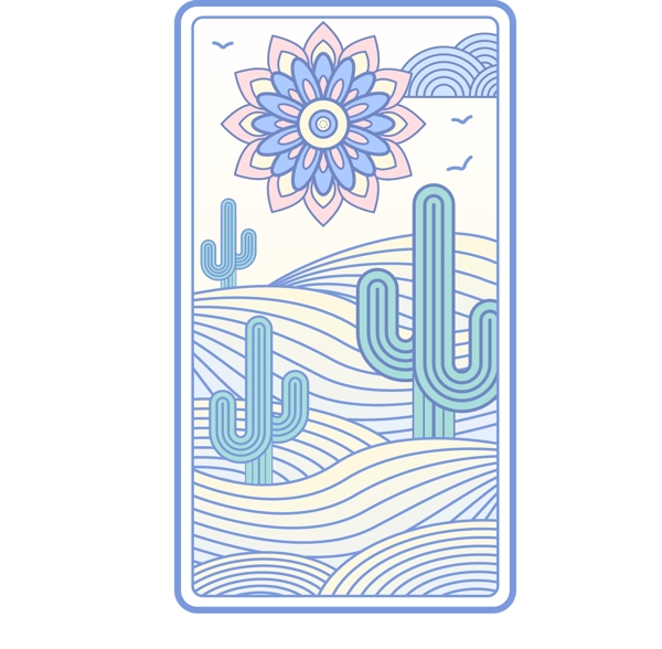 线性卡牌沙漠仙人掌蓝色可商用