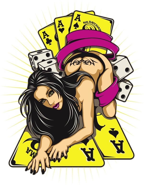 扑克与性感女人插画