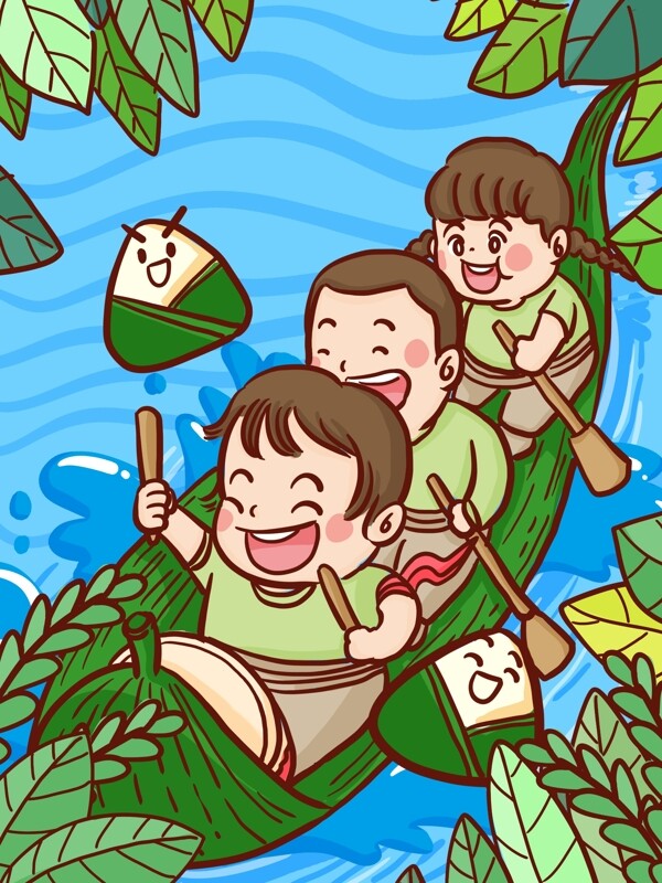 端午节传统节日三个孩子赛龙舟手绘原创插画