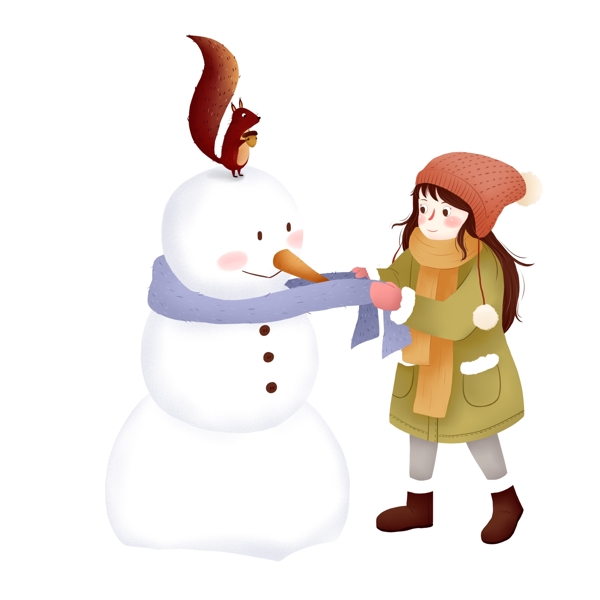 卡通站在雪人头上的松鼠元素
