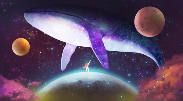 鲸鱼魔幻插画背景海报素材图片