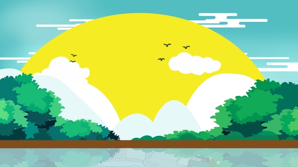 彩绘太阳树林湖面背景素材