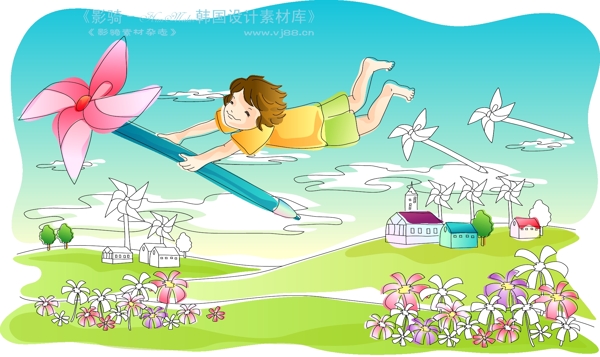 兒童線條插畫小孩游玩卡通童話韓國花紋時(shí)尚花紋底紋矢量素材矢量圖片HanMaker韓國設(shè)計(jì)素材庫